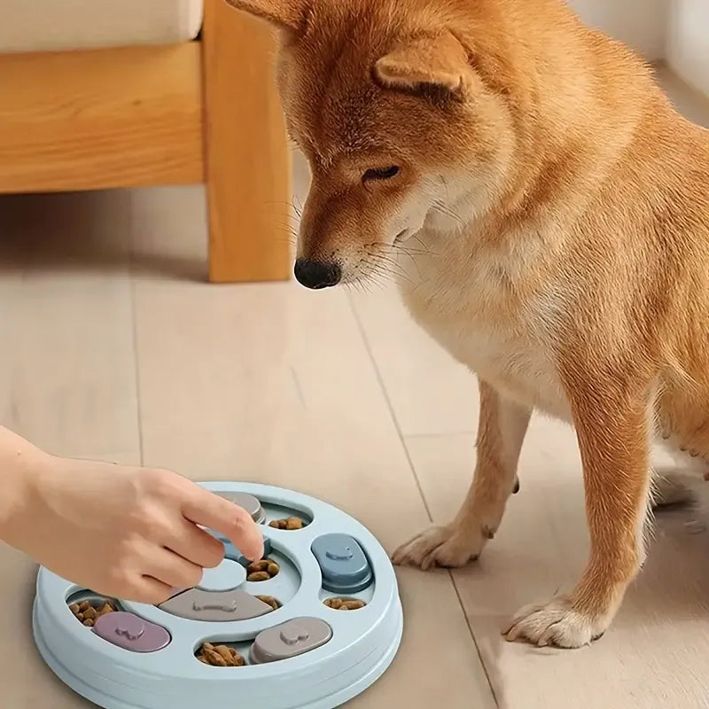Dog interacting with a puzzle toy on a tiled floor.