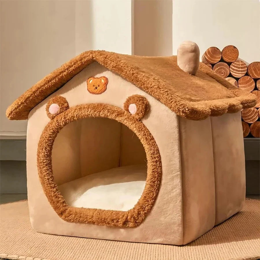 Cat house with teddy bear design on a neutral background