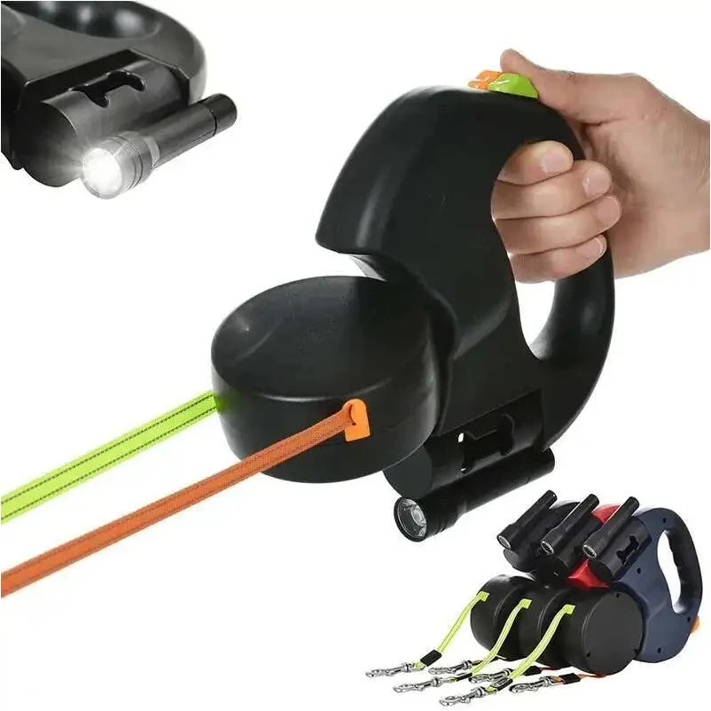 Black dog leash holder with LED light and multiple leashes on a white background