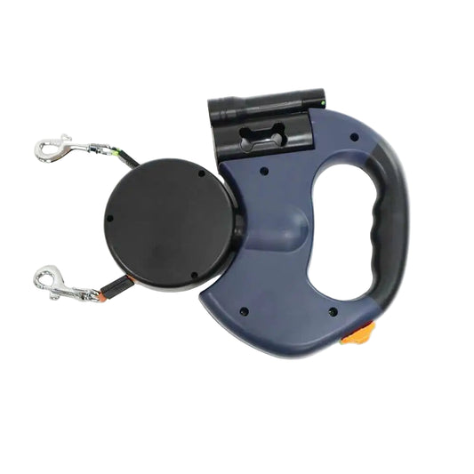 Blue retractable dog leash on a white background with 'Blue' .
