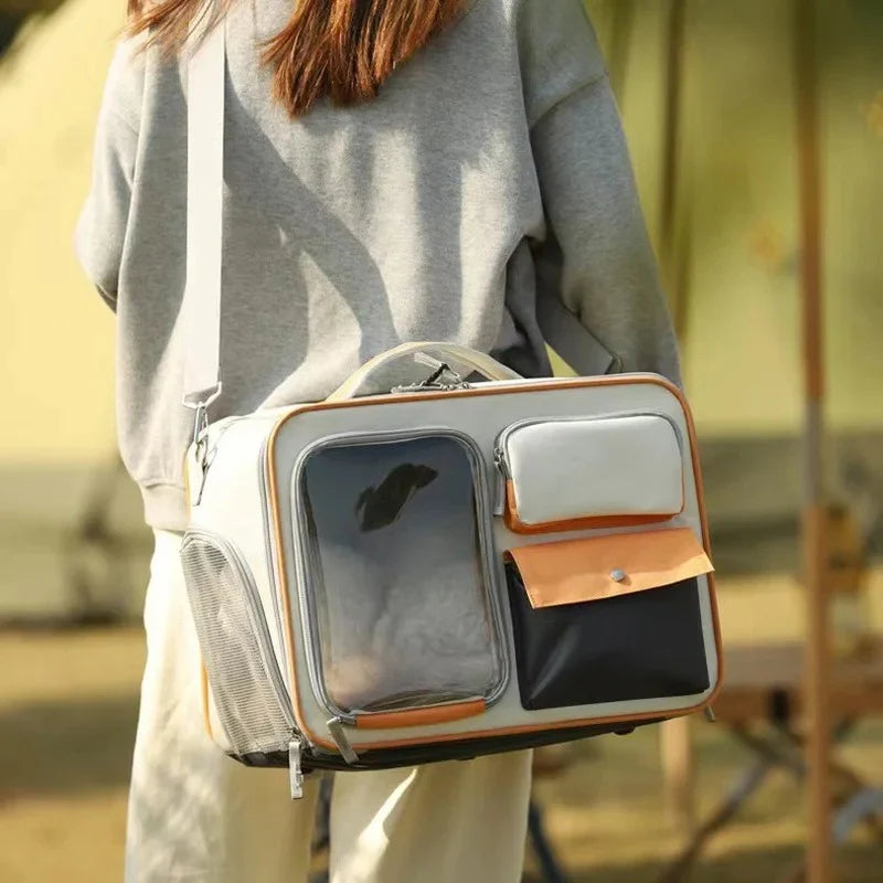 Person holding a pet carrier backpack outdoors
